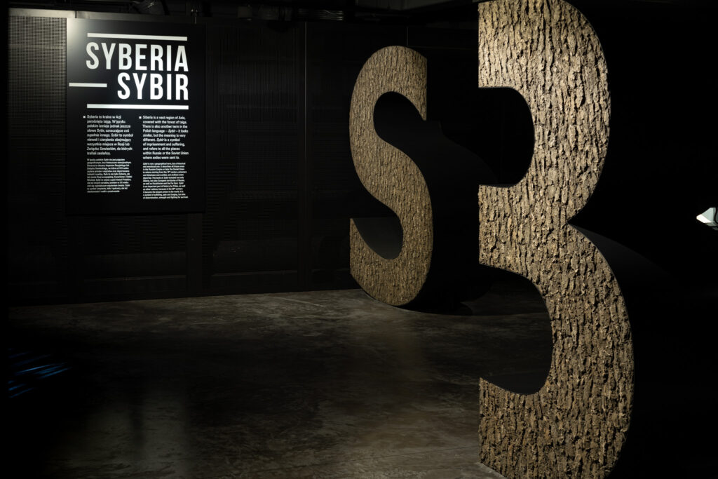 Przestrzeń wystawy. Duża kamienna litera S, w tle plansza z informacjami i hasłem Syberia - Sybir.
