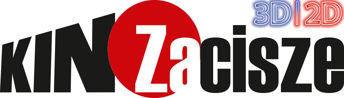 czarne i białe litery tworzące napis KINO ZACISZE, pomiędzy nimi koło w kolorze czerwonym, nad ostatnimi literami niebiesko-czerwony napis 2D 3D