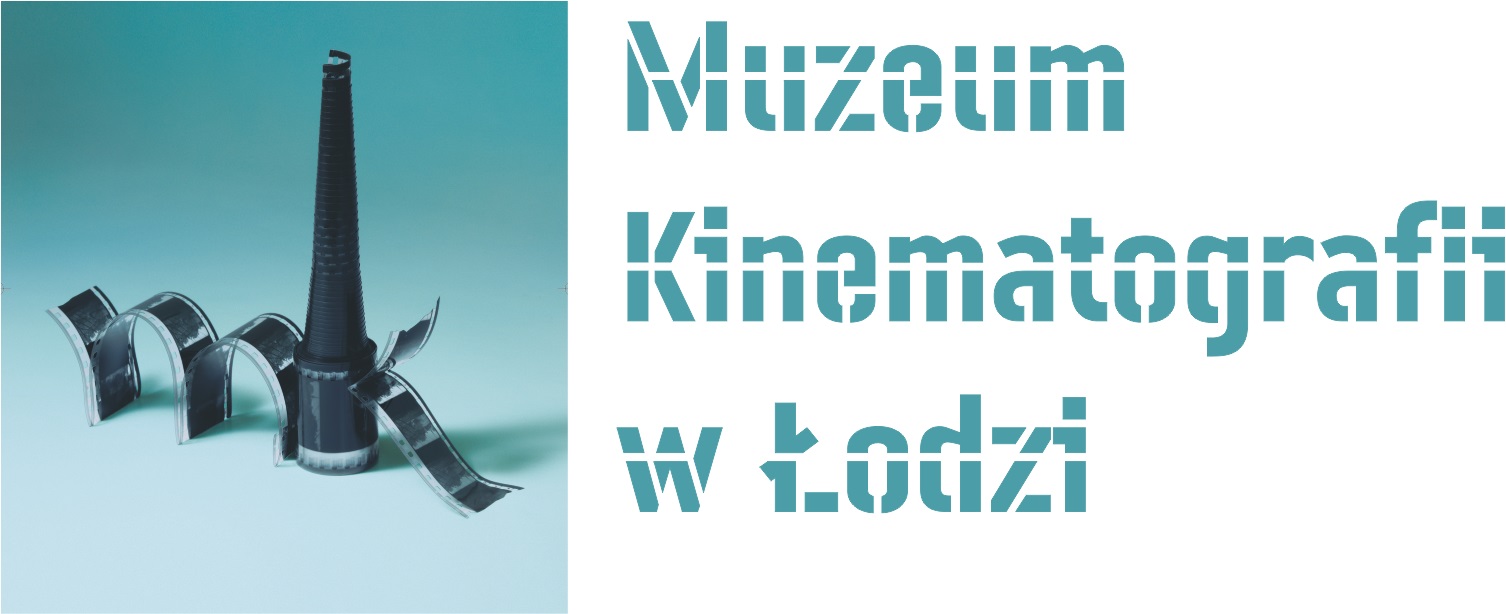 Logotyp z napisem Muzeum Kinematografii w Łodzi. Dodatkowo znak graficzny z inicjałami nazwy MK w formie kliszy filmowej.