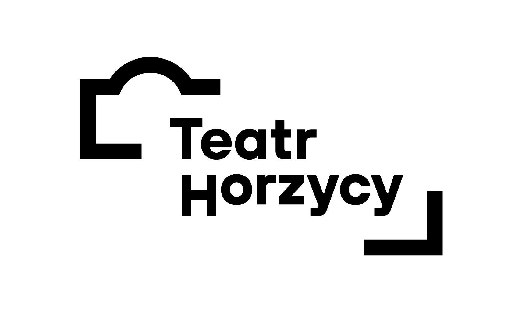 Napis Teatr Horzycy w środku grafiki przypominającej kształtem budynek teatru.